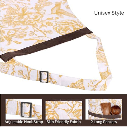 FINGERCRAFT Apron, Dual Pocket, Adjustable Tie, Multipurpose Washable Bib Apron for Home, Kitchen, Chef and Professionals - color: Bloom Gold Ochre