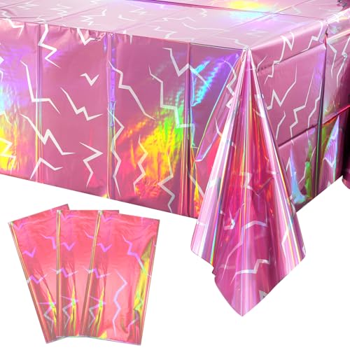 3 Pack Iridescent Pink Kpop Plastic Tablecloth 54x108 Inch, Holographic Laser Disposable Table Cover, Rectangle Pink Table Cloth for Kpop Halloween Birthday Party Decorations - color: Iridescent Kpop Pink