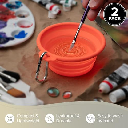 Silver Brush Limited Silver Essentials Paintbrush Water Bowl, 400ml/13.5oz | 2 Pack, Watercolor, Watermedia, Round, Reusable Artist Water Cup, Collapsible, With Carabiner Clip, Leak-proof, Silicone - size: 400ml