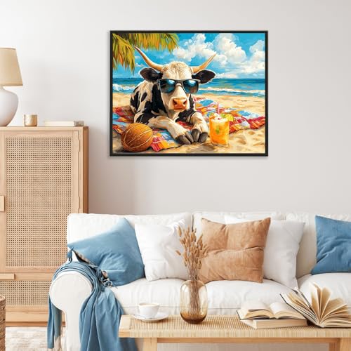 Paint by Numbers Kit for Adults, Funny Beach Cow Number Painting Canvas Kit - color: LBOPNFP9