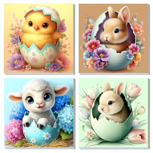 DOMROM 4 Pack Framed Paint by Numbers Chicken for Kids Beginners, Adult Paint by Number Kits Animals on Canvas, Acrylic Number Painting Easter Rabbit Craft Kits for Gift Home Decor 8x8in - color: BK4ZH059