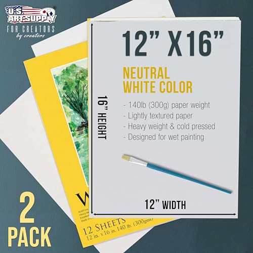 U.S. Art Supply 12" x 16" Premium Heavyweight Watercolor Paper Pad, 2-Pack - size: 12-x-16-inch