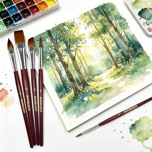 5pcs Watercolor Brush Set - Watercolor Brushes Professional Soft Synthetic Sable Hair – Artist Water Paint Brush Set- Wash 12, Oval Wash 6, Angular Shader 8, Round 4 & Round 8