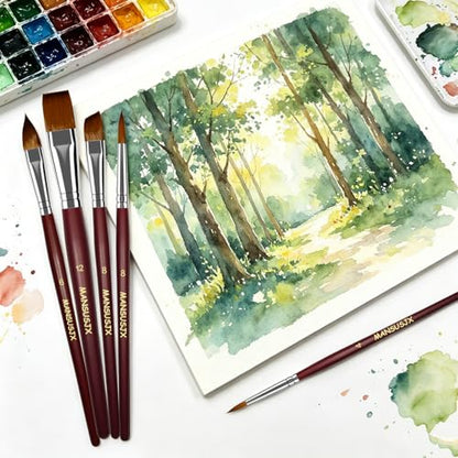 5pcs Watercolor Brush Set - Watercolor Brushes Professional Soft Synthetic Sable Hair – Artist Water Paint Brush Set- Wash 12, Oval Wash 6, Angular Shader 8, Round 4 & Round 8