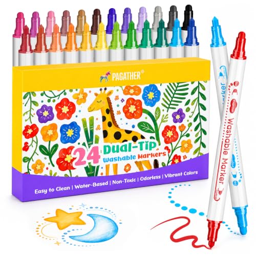 Pagather Washable Markers, 24 Colors Dual Tip Dot & Conical Pens for Kids | Art Marker Set for Toddlers Kids Ages 4-8, Perfect for School Art Supplies, Drawing, Coloring, Crafts and Creative Projects
