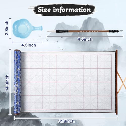 Jaloro Chinese Calligraphy Water Writing Cloth Set, 6 Pcs | No Ink Reusable Practice Scroll Canvas with Brushes and Water Dishes for Beginners