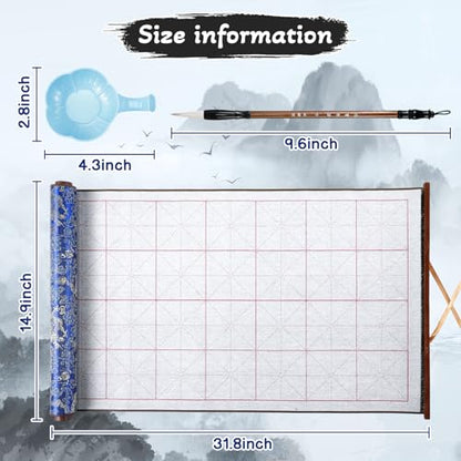 Jaloro Chinese Calligraphy Water Writing Cloth Set, 6 Pcs | No Ink Reusable Practice Scroll Canvas with Brushes and Water Dishes for Beginners