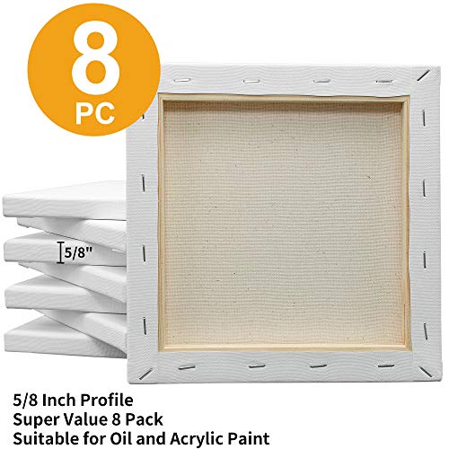 Stretched White Blank Canvas- 8x8 Inch,8 Pack,Primed,100% Cotton,5/8 Inch Profile of Super Value Pack for Acrylics,Oils & Other Painting Media. - size: 8"x8"-8Pack