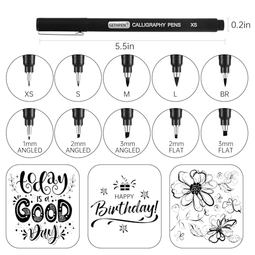 GETHPEN Calligraphy Brush Pen Set,10 Sizes Black Archival Ink Markers | Calligraphy Pens for Beginners, Black Archival Ink, 10 Sizes Calligraphy Markers, Writing, Drawing, Sketching, Scrapbooking