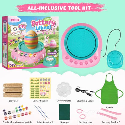 Pottery Wheel for Kids with Air Dry Clay Kit, 12 Paints & Tools, Ages 6-12 | No kiln needed: shape on the electric wheel, air-dry & paint. Gentle beginner speed; kit adds 3 clay packs, tools & apron - color: pink/cyan