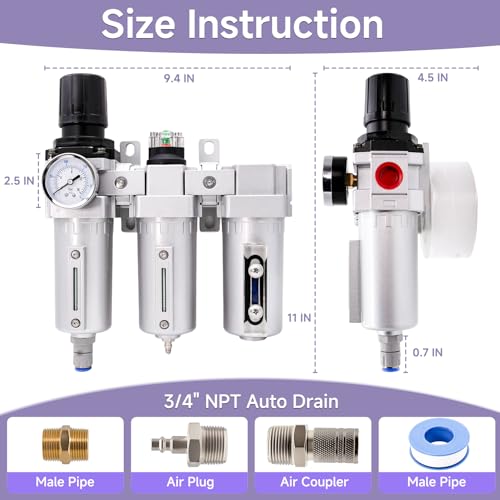 3/4" NPT Industrial Air Dryer for Compressor, 3 Stage Auto Drain | Air Compressor Water Separator with 0-240 PSI Air Regulator, Particulate Filter, Coalescing Filter and Desiccant Dryer - style: 3 Stage