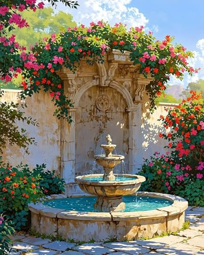 MBNTJHT Landscape Paint by Numbers Kit for Adults Beginner,DIY Fountain and Flowers Paint by Number Kits on Canvas,Unframed Watercolor Art Painting Kit Crafts for Home Wall Decor 16X20 Inch. - color: MT22465