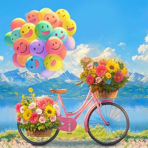 Diamond Paintings Kits for Beginners, Smile Balloon Full Round Drill Diamond Arts Kits for Adults, Bicycle Flower 5D DIY Diamond Painting Dot Gem Art for Home Wall Decor 13.8x13.8 Inch - color: Floral Bicycle