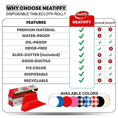 Neatiffy Disposable Plastic Tablecloth Roll | Indoor/Outdoor Table Cloth | Table Cover for Rectangle, Square, Round, Oval Tables | Picnic, Party, Banquet, Birthday, Wedding - 54 in x 108 ft - Red - color: Red