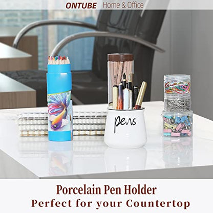 ONTUBE Porcelain Pens Holder Stand ,Ceramic Pencils Holder (White) | Porcelain, ceramic, pen & pencil holder, sturdy, easy-clean, non-slip, compact, elegant, durable, versatile, white, modern - color: White