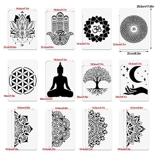 12 Sacred Geometry Stencils - Hamsa Hand, Torus, Om, Lotus, Moon, Mandala, Zen, Flower of Life, Yoga, Spiritual, Meditation Templates for Painting on Wood, Fabric, Walls - 8.3"x11.7"