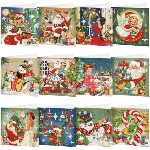 Saillong 12 Pack Vintage Christmas Diamond Painting Greeting Card Kits DIY Retro Christmas Diamond Art Cards with Envelope Xmas 5D Rhinestones Painting Kit for Adults DIY Craft Family Friend Xmas Gift - color: Retro Xmas