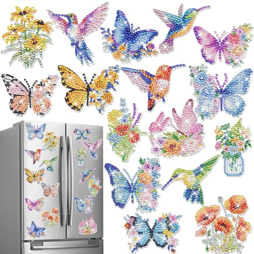 INCOK Diamond Painting Art Refrigerator Magnets - 16 PCS DIY Butterfly Hummingbird Flower Fridge Magnet Set Floral Crystal Art Craft for Women Adults Beginners Home Decors - color: Butterfly Hummingbird