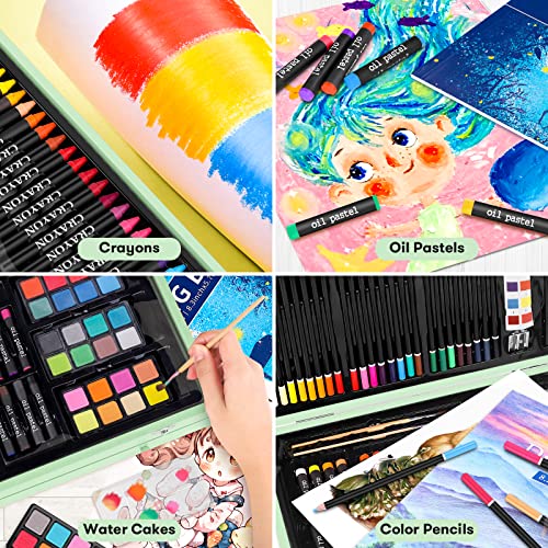 iBayam Art Supplies, 150-Pack Deluxe Wooden Art Set Drawing Painting Kit | with 1 Coloring Book, 2 Sketch Pads, Creative Crafts Gift Box for Adults Artist Beginners Kids Girls Boys - color: Green