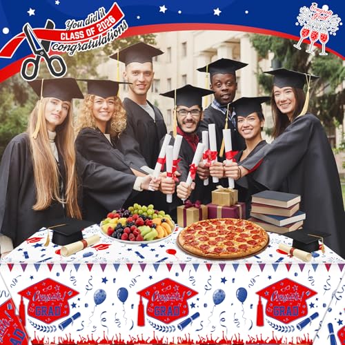 Kinlop 3 Pcs Graduation Tablecloths Class of 2026 Graduation Party Decoration Supplies 51" x 108" Plastic Congrats Grad Table Covers Disposable Graduate Tablecloths(Blue, Red) - color: Blue, Red