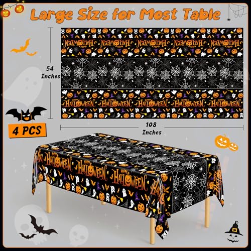 4 Pack Halloween Tablecloth 54 x 108 Inch Pumpkin Spider Web Table Cover - color: Halloween, size: 4pcs 54x108 in