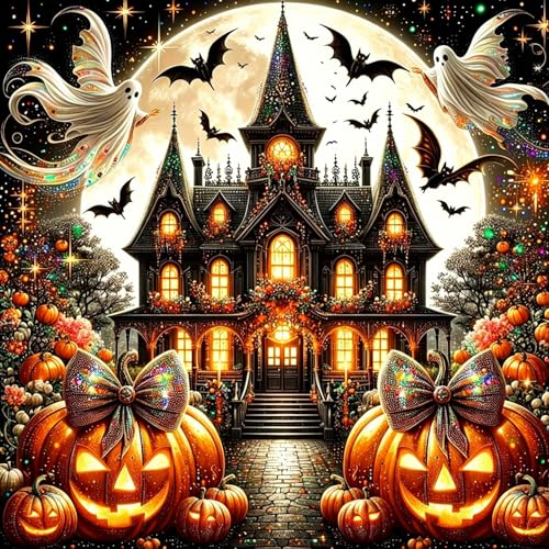Halloween Ghost Pumpkin Castle Diamond Art Painting Kits for Adults, Diamond Painting Kits for Adults Beginners, 5D DIY Full Drill Diamond Dot Gem Art Kits for Adult, Home Wall Decor 13.8x13.8 Inch - color: Halloween Castle Bat Ghost Pumpkin