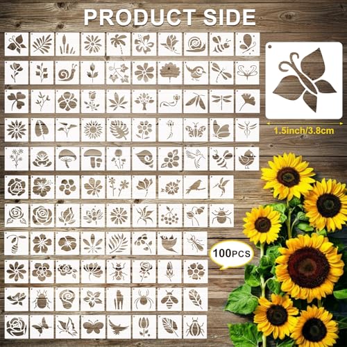 Fainne 100 Pcs 1.5 Inch Small Stencils for Crafts,Flower Bird Plants | Reusable Painting Stencils for Wood Wall Card Making Scrapbooking Journaling, Portable Craft Templates - style: Flower Bird Plants