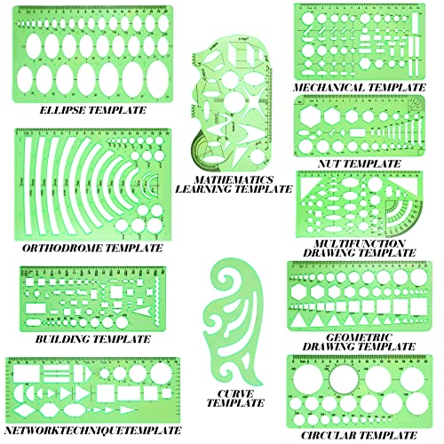 Zonon 16 Pcs Geometric Drawing Templates Kit, Drafting Stencils Measuring Rulers 12 Inch Aluminum Architect Scale Building Geometric Plastic Ruler for Design School Studying Office Building