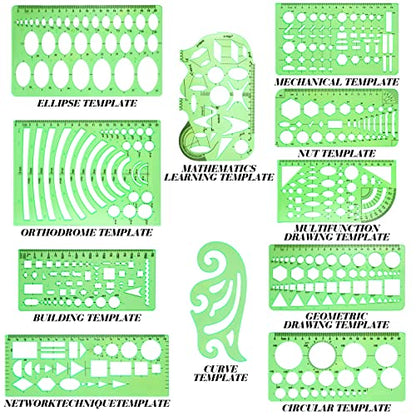 Zonon 16 Pcs Geometric Drawing Templates Kit, Drafting Stencils Measuring Rulers 12 Inch Aluminum Architect Scale Building Geometric Plastic Ruler for Design School Studying Office Building