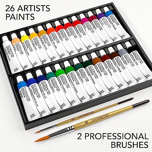 CHROMATEK Watercolor Paint Set - 28 Piece Kit for Adults, Beginners & Professional Artists - 26 x 12ml Liquid Water Color Tubes & 2 Painting Brushes - Richly Pigmented Vibrant Colors - Art Supplies