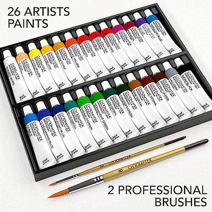 CHROMATEK Watercolor Paint Set - 28 Piece Kit for Adults, Beginners & Professional Artists - 26 x 12ml Liquid Water Color Tubes & 2 Painting Brushes - Richly Pigmented Vibrant Colors - Art Supplies