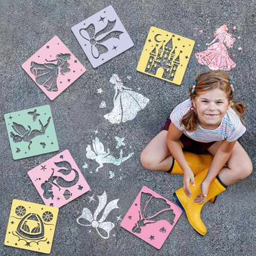 36Pcs Princess Drawing Stencils for Kids 8 Inch Reusable Fairy Sidewalk Chalk Stencil Large Fairytale Castle Stencils Princess Theme Primary Shape Template for Kids Toddlers Drawing Wall Home - style: Fairytale