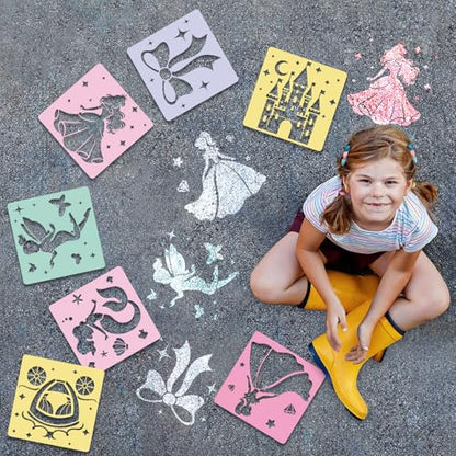 36Pcs Princess Drawing Stencils for Kids 8 Inch Reusable Fairy Sidewalk Chalk Stencil Large Fairytale Castle Stencils Princess Theme Primary Shape Template for Kids Toddlers Drawing Wall Home - style: Fairytale