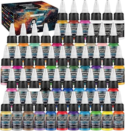 Airbrush Paint - 45 Colors Airbrush Paint Set with 3 Tinner, Plastic & Wood Acrylic Air brush Paint Kit Ready to Spray, Water-Based for Artists Beginners Hobbyist, 0.34 Fl Oz/10ml - 48 Bottles - color: 45 Colors with 3 Thinner