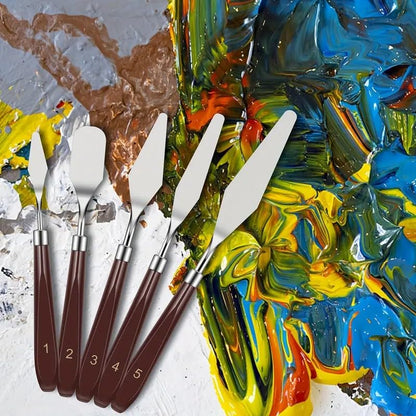 PUFUAII 5 PCS Painting Knives Stainless Steel Spatula Palette Knife Oil Painting Accessories Color Mixing Set for Oil, Canvas, Acrylic Painting (drak brown) - color: Brown