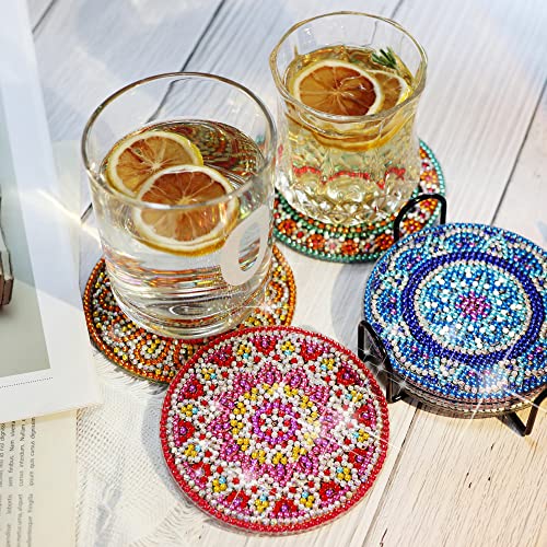 Temlum 6pcs Diamond Art Coasters Kits for Adults with Holder, Mandala | Diamond Painting Coasters, Small Diamond Painting Kit Art Craft Supplies - color: Mandala Coasters With Holder