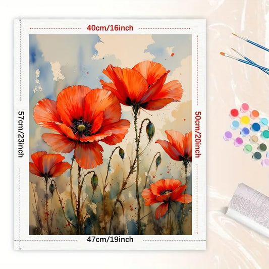 Flowers Paint by Numbers Kit for Adults - DIY Field of Red Poppies Painting on Canvas 16x20 Inches, Acrylic Paint Set, Suitable for Beginners, Floral Art for Home Decoration or Gifts - color: TCXY06534, size: 16X20IN Folded