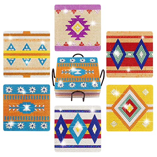 Temlum 6pcs Diamond Art Coasters Kits for Adults with Holder, Boho - color: Boho Coasters With Holder