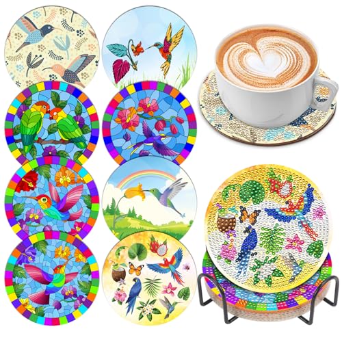 8 Pcs Diamond Art Coasters Kits for Adults with Holder Cork Pads, Hummingbird DIY Diamond Art Dots Painting Coasters Kits for Adults Beginners - color: Clear