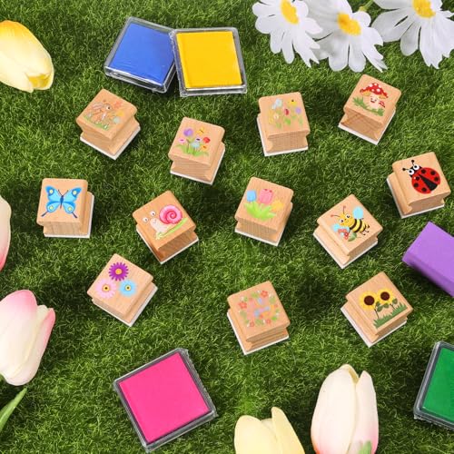 HOWAF 12pcs Spring Wooden Stamps, Hello Spring DIY Craft Rubber Stamps, Animal Daisy Flower Inking Stamp Pads Set, Butterfly Stamp Sunflower Inking Pads for Summer Party Supplies