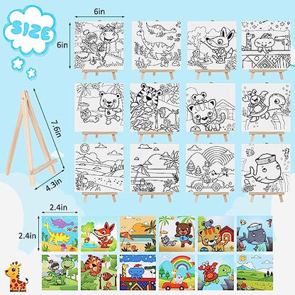 Tenceur 12 Sets Pre Drawn Canvas to Paint Adult Stretched Coloring Painting Canvas Panels with Design Easel and Brushes for Party Supplies Beginner Favor(Cute Style) - style: Cute Style