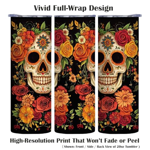 Firmiso 20 oz Tumbler｜Skinny Insulated Travel Mug｜Sugar Skull Floral Design Stainless Steel Cup with Lid and Telescopic Straw｜Gothic Boho Drinkware｜Day of the Dead Gift Idea for Women and Men - color: Sugar Skull
