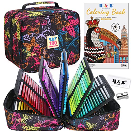H & B 180 Colored Pencils for Adults & Beginners with Case & Coloring Book | Oil-based Soft Cores for Smooth Drawing & Coloring - Vibrant Blendable colors - Portable Travel Kit with Sharpener & Eraser - size: 1 count (Pack of 180), style: 1-Butterfly (Bas