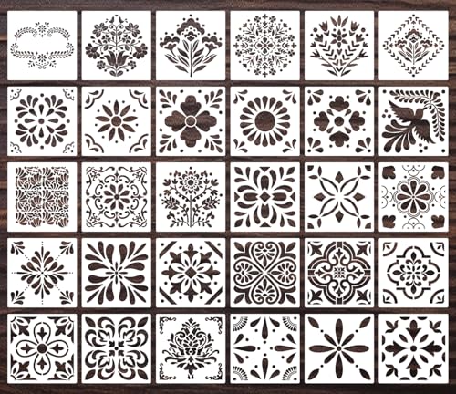 Talavera Stencil Mexican Tile Stencils for Painting 6" | Mexican Floral Stencils Folk Tile Stencil for Painting on Furniture Stairs Wood Fabric DIY Crafts Decor - style: Tile 30P/6IN