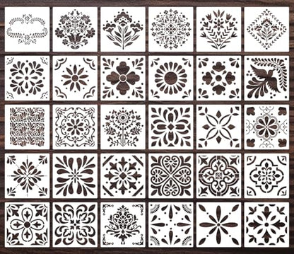 Talavera Stencil Mexican Tile Stencils for Painting 6" | Mexican Floral Stencils Folk Tile Stencil for Painting on Furniture Stairs Wood Fabric DIY Crafts Decor - style: Tile 30P/6IN