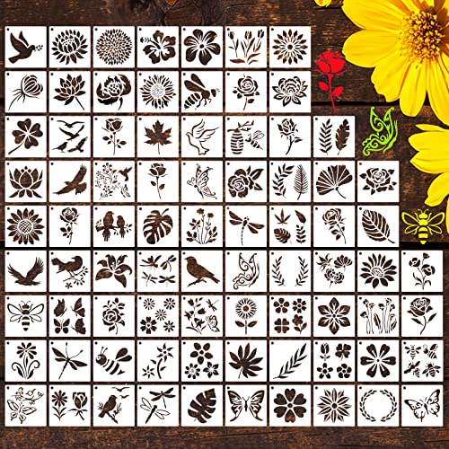 80 Pcs 5 x 5 Inch Stencils for Painting on Wood, Reusable Flower Butterfly Stencils Bird Plastic Bee Wall Stencil DIY Craft Template for Wall Home Decor - style: Flower