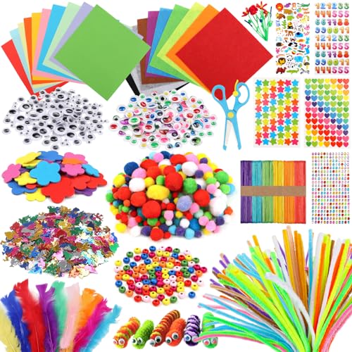 DOITEM Pipe Cleaners Craft Supplies, 1500+Pcs Arts and Crafts Supplies Including Pipe Cleaner Wiggle Googly Eyes Pom Poms Feathers Sticks Sequins Foam Flowers Papers Felt Stickers - color: 1500+
