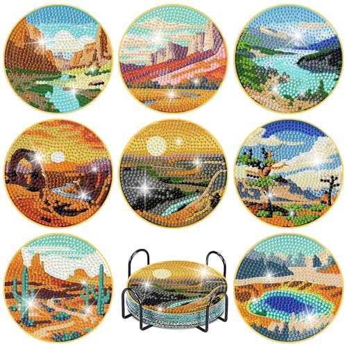 Clendo 8 Pcs National Park Diamond Art Coasters Kit with Holder,Small Landscape Diamond Art Kits for Adults Beginners, Diamond Painting Coasters Arts and Crafts Kits - color: Jxbd107-us