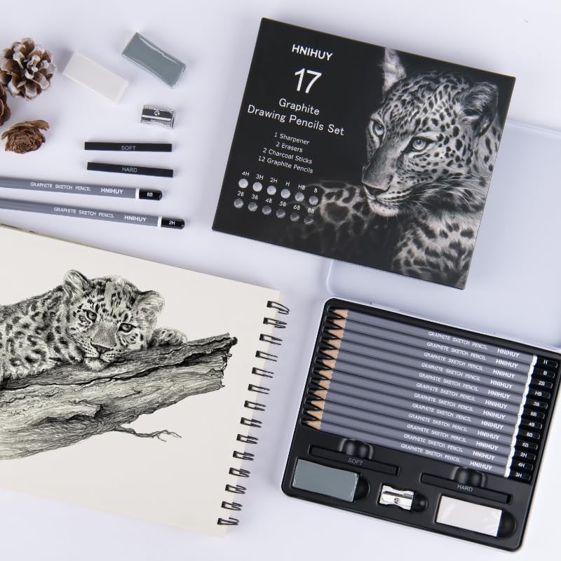 HNIHUY Sketch Drawing Pencils Set, 17 Pcs, Graphite Pencils (8B-4H) | Sketch Pencils for Drawing Art, Erasers and Sharpener, Art Drawing Pencil for Artists Beginner Sketching