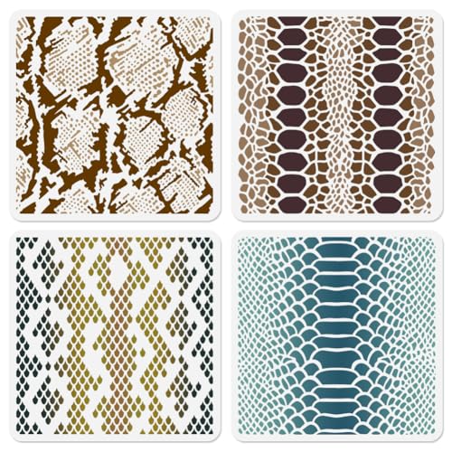 4Pcs Snake Skin Stencils for Painting, 11.8"x11.8" Reusable Snake Textures Stencil Drawing Templates, Animal Print DIY Craft Paint Templates for Wall Home Decor Wood Burning Canvas Fabric - style: Snake Skin